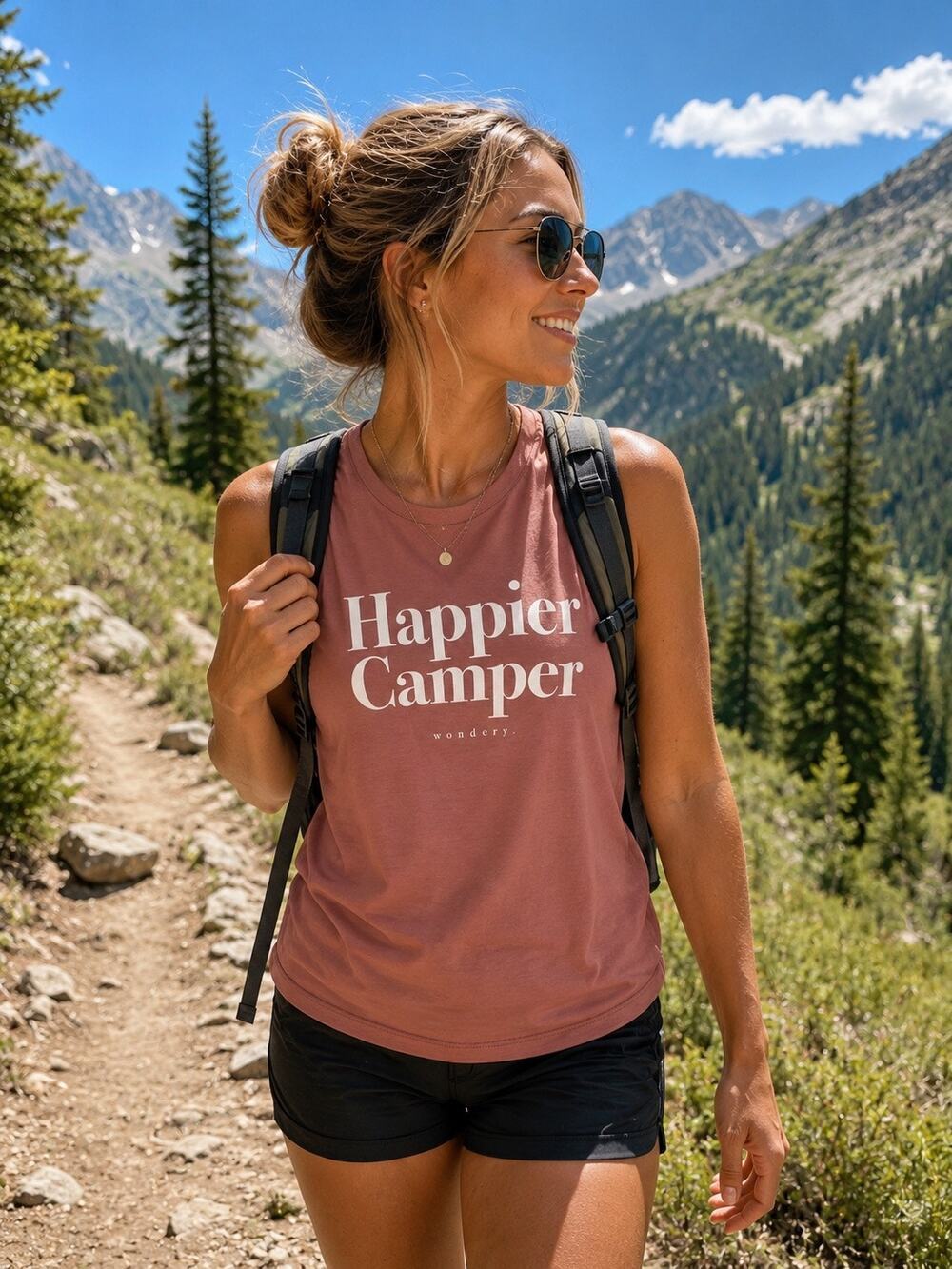 Wondery Happier Camper Tank Top XL Dusty Rose Camping Hiking Outdoor Adventure